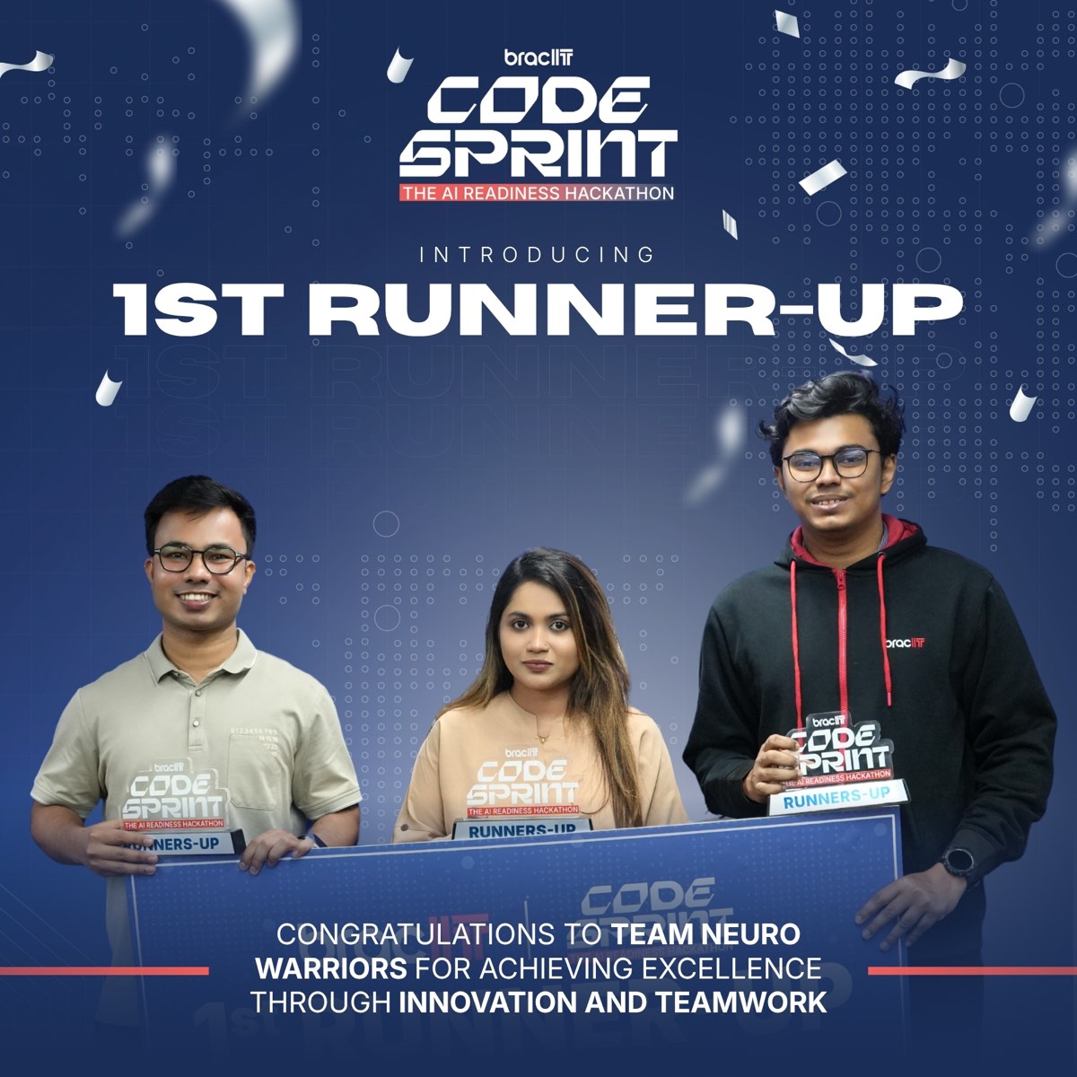 Team Neuro Warriors (Mubin Ul Islam Chowdhury, Arnab Dey, and Lita Mouri Sarker) with their Code Sprint trophies